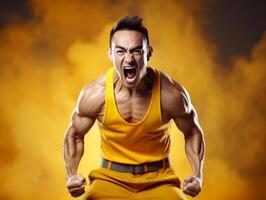 asiatisch Mann gekleidet im Sportbekleidung deutlich aktiv und voll von Energie foto