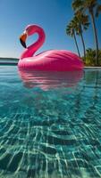 aufblasbar Rosa Flamingo schwebend auf das Oberfläche von ein funkelnd Blau Schwimmbad foto