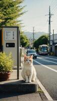 süß Katze Sitzung Nächster das Bus halt beim das japanisch Stadt Straße foto