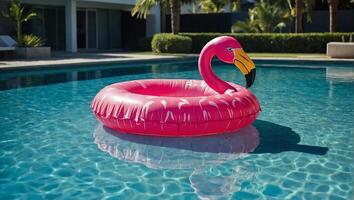 aufblasbar Rosa Flamingo schwebend auf das Oberfläche von ein funkelnd Blau Schwimmbad foto