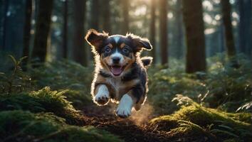 spielerisch Hündchen im in der Luft freudig springen durch das üppig Grün von das Wald foto