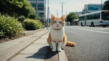 süß Katze Sitzung Nächster das Bus halt beim das japanisch Stadt Straße foto