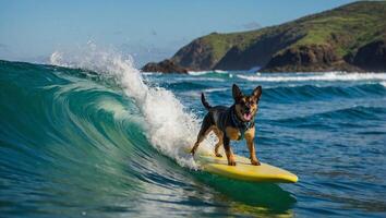 Hund balancieren auf das Surfbrett Reiten das Wellen im das hell Blau Ozean foto