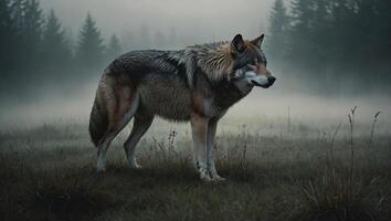 grau Wolf im das nebelig Feld mit das Wald auf das Hintergrund foto