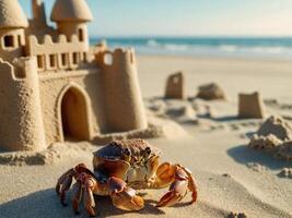 süß klein rot Krabbe auf sandig Strand in der Nähe von zart gebaut Sand Schloss foto