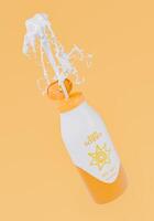 dynamisch Sonnenschutz Spritzen von Flasche auf beschwingt Orange Hintergrund foto