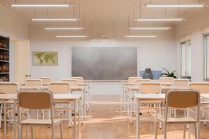 leeren Klassenzimmer mit Schreibtische und Stühle gegenüber ein Tafel im ein hell Innen- Rahmen foto