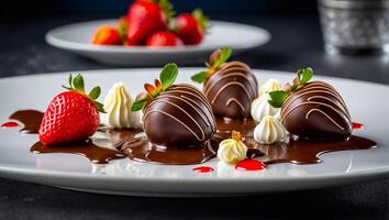 Schokolade bedeckt Erdbeeren Dessert foto