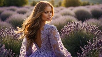 schön Mädchen im ein Kleid im ein Lavendel Feld foto