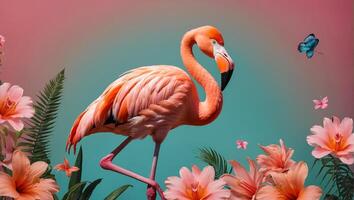 Herrlich Rosa Flamingo, Blumen auf ein farbig Hintergrund foto