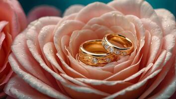 zwei Gold Hochzeit Ringe, Blumen foto