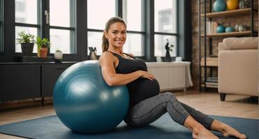 schwanger Mädchen mit Fitness Ball beim Zuhause foto