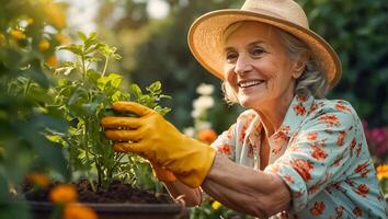 lächelnd Alten Frau tragen Handschuhe im das Garten foto