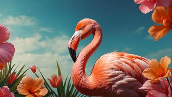 Herrlich Rosa Flamingo, Blumen auf ein farbig Hintergrund foto