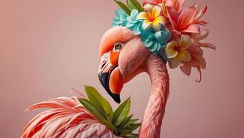 Herrlich Rosa Flamingo, Blumen auf ein farbig Hintergrund foto