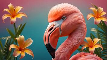 Herrlich Rosa Flamingo, Blumen auf ein farbig Hintergrund foto