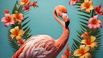 Herrlich Rosa Flamingo, Blumen auf ein farbig Hintergrund foto