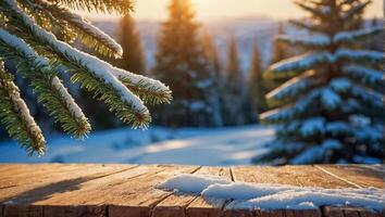 leeren hölzern Planke, Schnee, Weihnachten Baum foto