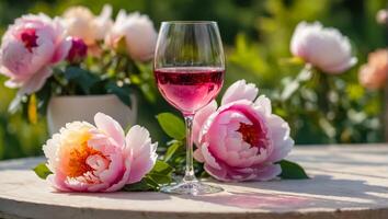 Brille mit Rosa Wein, Blumen auf das Tabelle im Natur foto