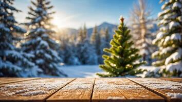 leeren hölzern Planke, Schnee, Weihnachten Baum foto