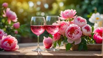 Brille mit Rosa Wein, Blumen auf das Tabelle im Natur foto