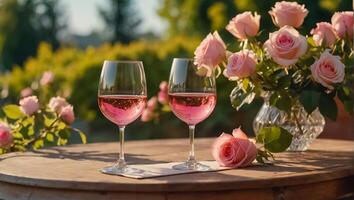 Brille mit Rosa Wein, Blumen auf das Tabelle im Natur foto