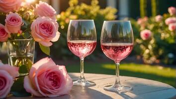 Brille mit Rosa Wein, Blumen auf das Tabelle im Natur foto