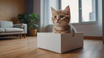 süß Katze, Box im das Wohnung foto