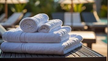 Handtücher auf Sonne Liegen in der Nähe von das Schwimmbad foto
