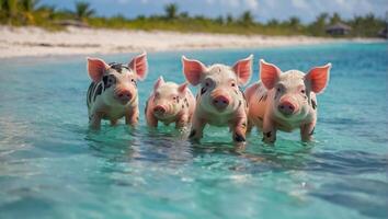 süß Schwein auf das Bahamas Meer foto