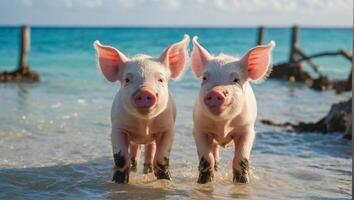 süß Schwein auf das Bahamas Meer foto