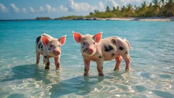 süß Schwein auf das Bahamas Meer foto