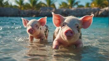 süß Schwein auf das Bahamas Meer foto