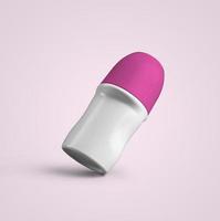 3D-Rendering leere weiße Rolle auf Deodorant-Plastikflasche mit rosa Kappe auf grauem Hintergrund isoliert. fit für Ihr Mockup-Design. foto