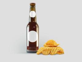 Kartoffelchipsnacks und braune Flasche auf farbigem Hintergrund isoliert. Oktoberfest-Konzept. foto