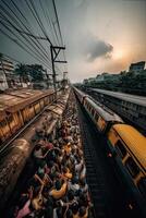 Menschenmassen von indisch Männer beim ein Pendler Eisenbahn Bahnhof im Mumbai foto