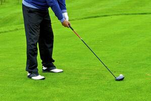 Spiel im das Golf Verein gegen das Hintergrund von das Grün saftig Gras foto