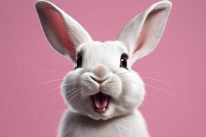 Nahansicht von ein Weiß flauschige Hase auf ein Rosa Pastell- Hintergrund. Ostern Hase zum Ostern. foto