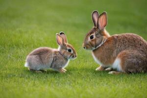 Kaninchen. Mutter Hase und Baby Hase auf ein Grün Wiese. Frühling Blumen und Grün Gras. foto