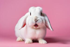 Nahansicht von ein Weiß flauschige Hase auf ein Rosa Pastell- Hintergrund. Ostern Hase zum Ostern. foto