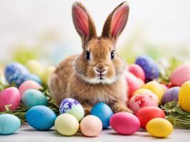 wenig Hase im ein Grün Frühling Rasen mit dekoriert Eier - - Ostern Karte foto