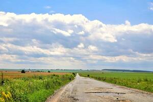 Asphalt gebrochen ländlich Straße, landwirtschaftlich Felder. Einsamkeit, Ruhe foto