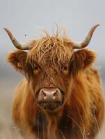Hochland Kuh Porträt mit windgepeitscht Haar foto