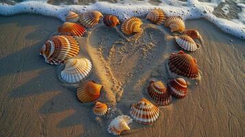 Herz gestalten gemacht mit Muscheln auf Sand foto