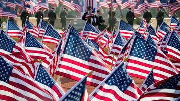 Reihen von amerikanisch Flaggen winken im das Brise während ein patriotisch Festival oder National Urlaub Denkmal Tag. foto