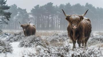 Hochland Kuh im ein schneebedeckt Feld suchen beim Kamera foto