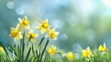 schön Panorama- Frühling Natur Hintergrund mit Narzisse Blumen foto