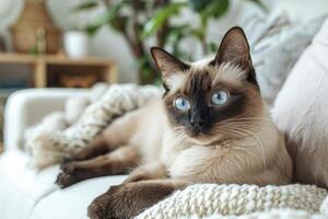 Siamese Katze mit Blau Augen auf ein Weiß Sofa foto