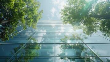 umweltfreundlich Gebäude im das modern Stadt. nachhaltig Glas Büro Gebäude mit Baum zum reduzieren Kohlenstoff Dioxid. foto