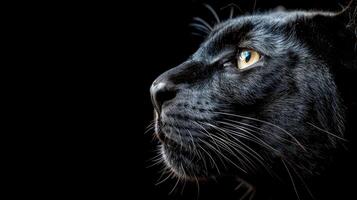 Nahansicht von ein schwarz Panther Kopf auf schwarz Hintergrund foto